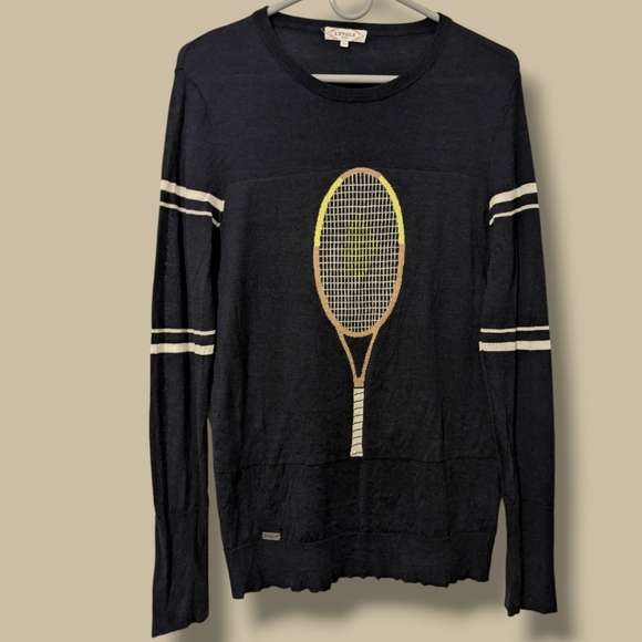 L'etoile Sport Navy Blue Stripe 100% Merino Wool Crewneck Tennis Racquet Sweater - Picture 2 of 13